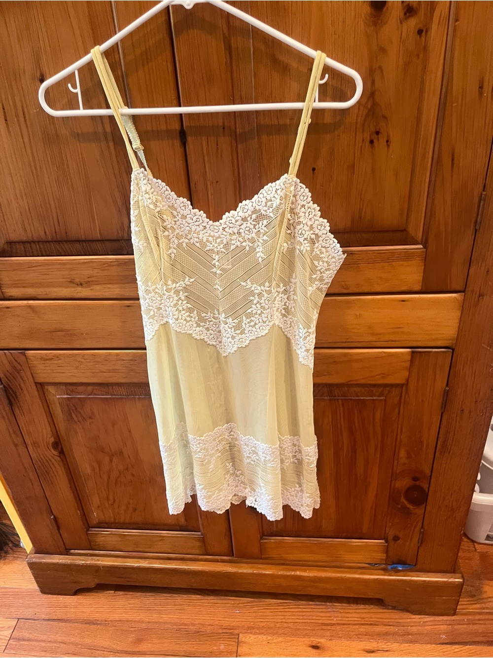 Women's Yellow Lace Trim Slip Dress - Sheer Camisole Nightwear